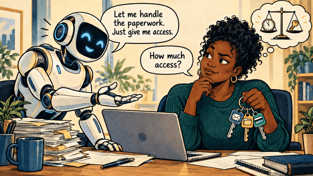 Comic: an AI robot says, “Let me handle the paperwork. Just give me access.” A Black woman holds account keys and asks, “How much access?”